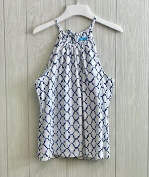 J McLaughlin Maria Halter Blue White Tank Top Sleeveless Large